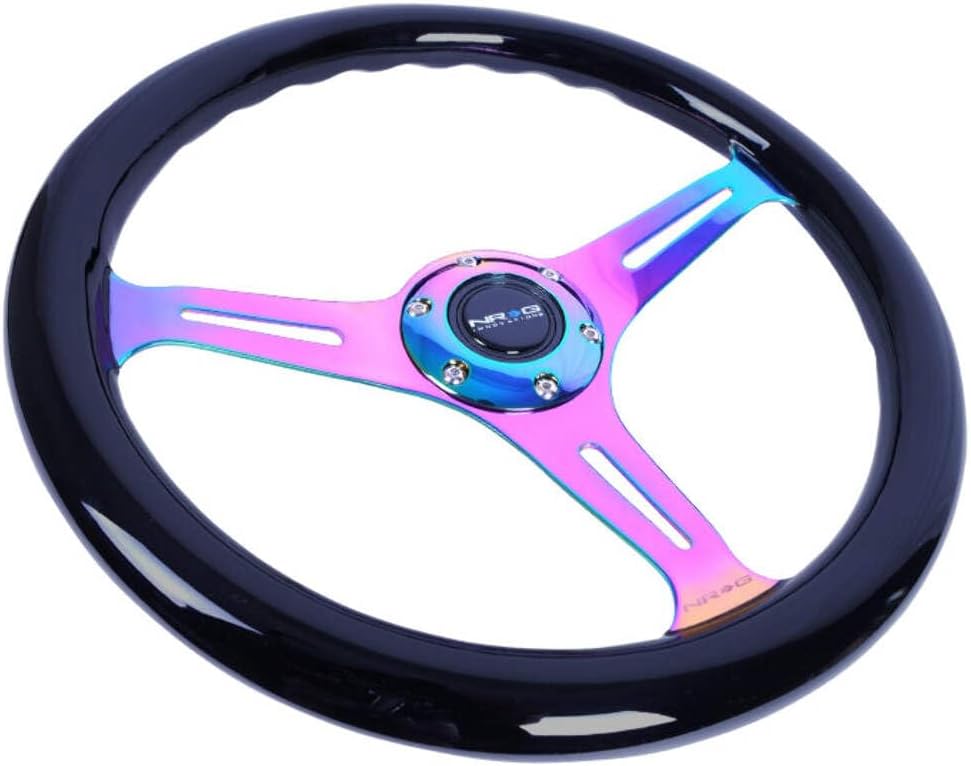 NRG Innovations NRG-ST-015MC-BK Steering Wheel - 350mm 25mm Deep Configuration, Classic Wood Grain Wheel 3 Neochrome Spokes, Black Paint Grip