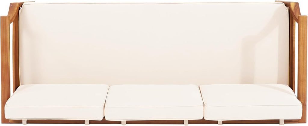 Christopher Knight Home Aston Outdoor 3 Seater Sofa, Upholstered Cushion Couch, Acacia Wood Bench Sofa, Slat Armchair, 73.25' W Spacious Seating Bench Couch for Gardern Porch Balcony, Teak+Beige