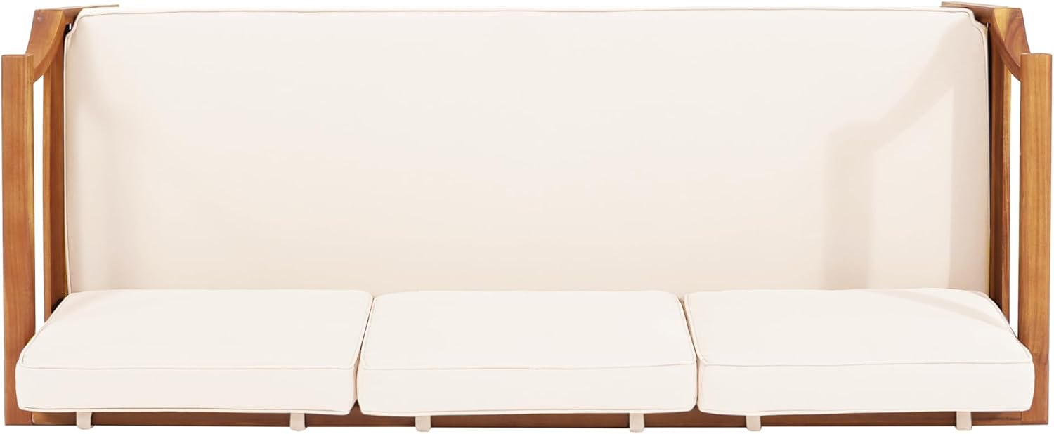 Christopher Knight Home Aston Outdoor 3 Seater Sofa, Upholstered Cushion Couch, Acacia Wood Bench Sofa, Slat Armchair, 73.25' W Spacious Seating Bench Couch for Gardern Porch Balcony, Teak+Beige