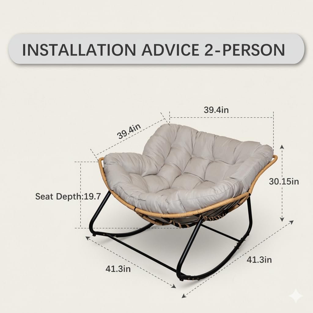 Outdoor Rocking Chair, Patio Egg Rocking Chair, Indoor Papasan Chair, Rattan Wicker Lounge Chair, Modern Royal Chair for Bedroom, Living Room, Porch, Garden,Lawn-Beige (Beige)