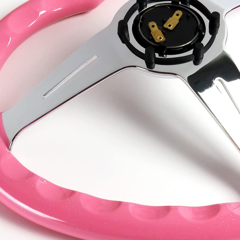 W-Power,13.5' Universal 343mm 6 Bolt Hole 3-Inche Deep Dish Aluminum Polished Heart-Shaped with Wood Grip Steering Wheel, Black Horn Button JDM Euro VIP Style, 3-Spoke (Pink)