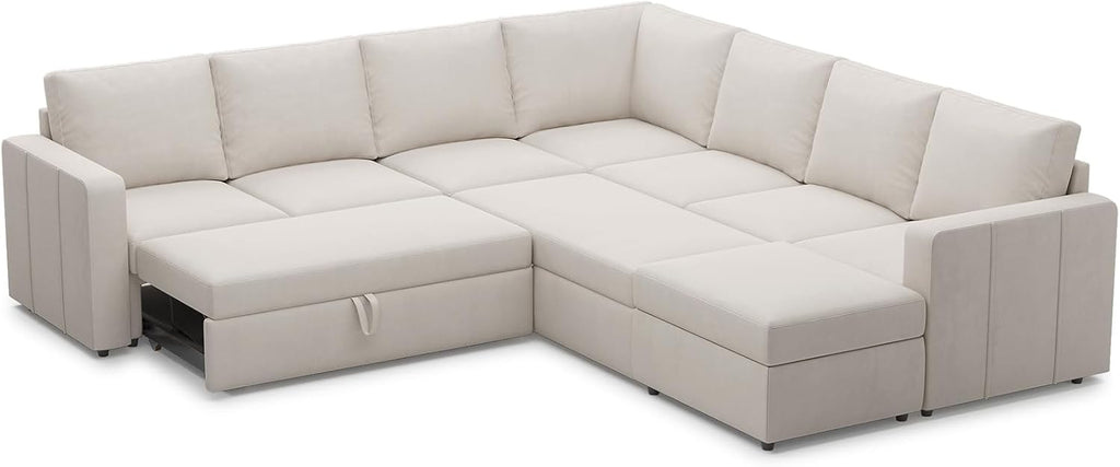 Belffin Modular Sectional Sofa with Sleeper Sofa Couch Pullout Bed, Oversized U Shaped Sleeper Sectional Couch with Storage Seat for Living Room, Beige