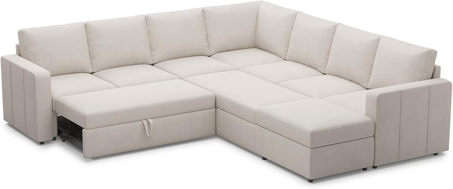 Belffin Modular Sectional Sofa with Sleeper Sofa Couch Pullout Bed, Oversized U Shaped Sleeper Sectional Couch with Storage Seat for Living Room, Beige