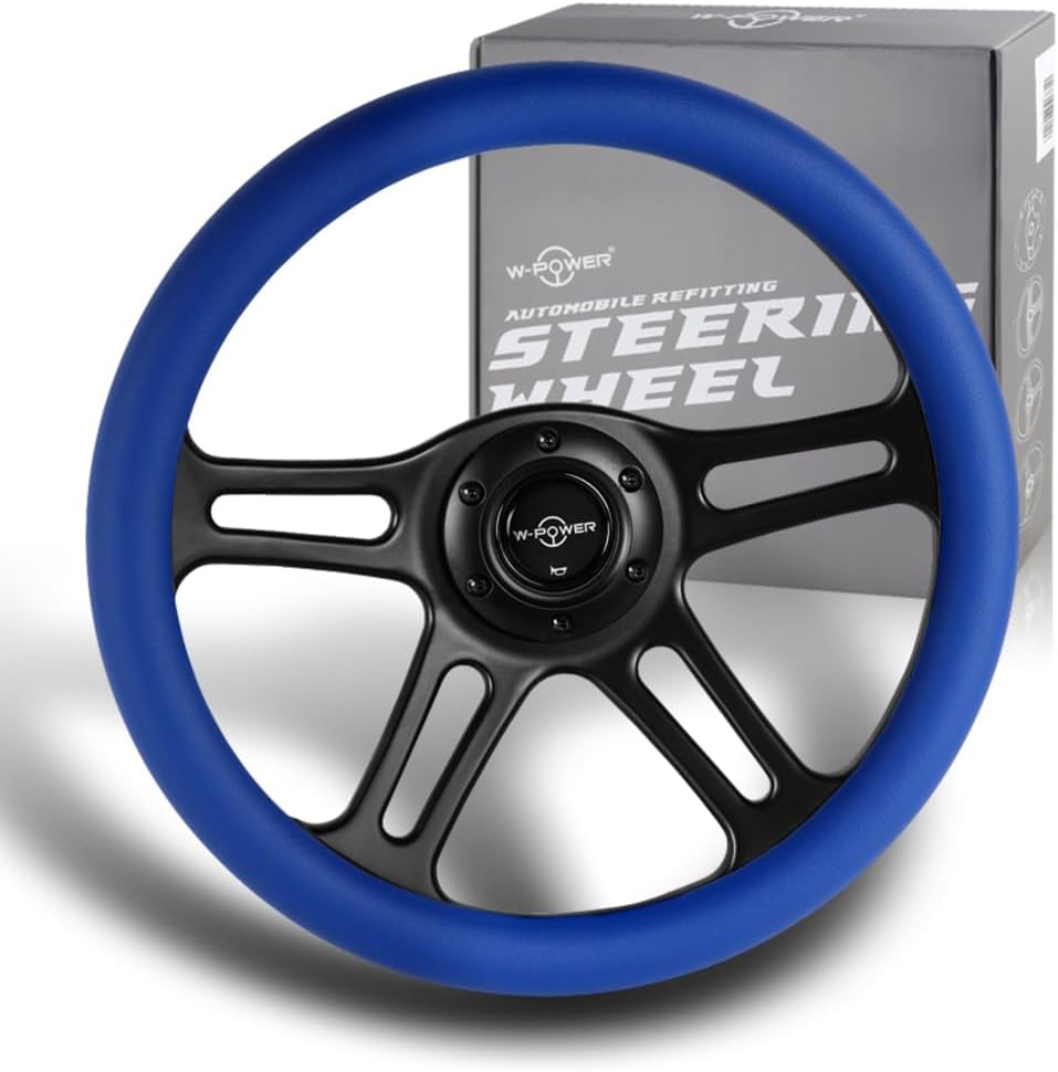 W-Power, 14' Universal 350mm 6 Bolt Hole Vintage Style with Aluminum Polished Special Leather Grip Steering Wheel, Black Horn Button, 4-Spoke (Blue Leather/Black Spoke)