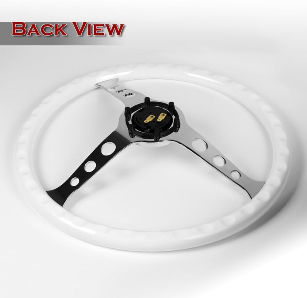 W-Power, 15' Reinforced 380mm 6 Bolt Hole Aluminum Finised White Wood Grain Trim Steering Wheel, Chrome Horn Button JDM Euro VIP Style, 3' Deep (White Wood Grain/Chrome Spoke)