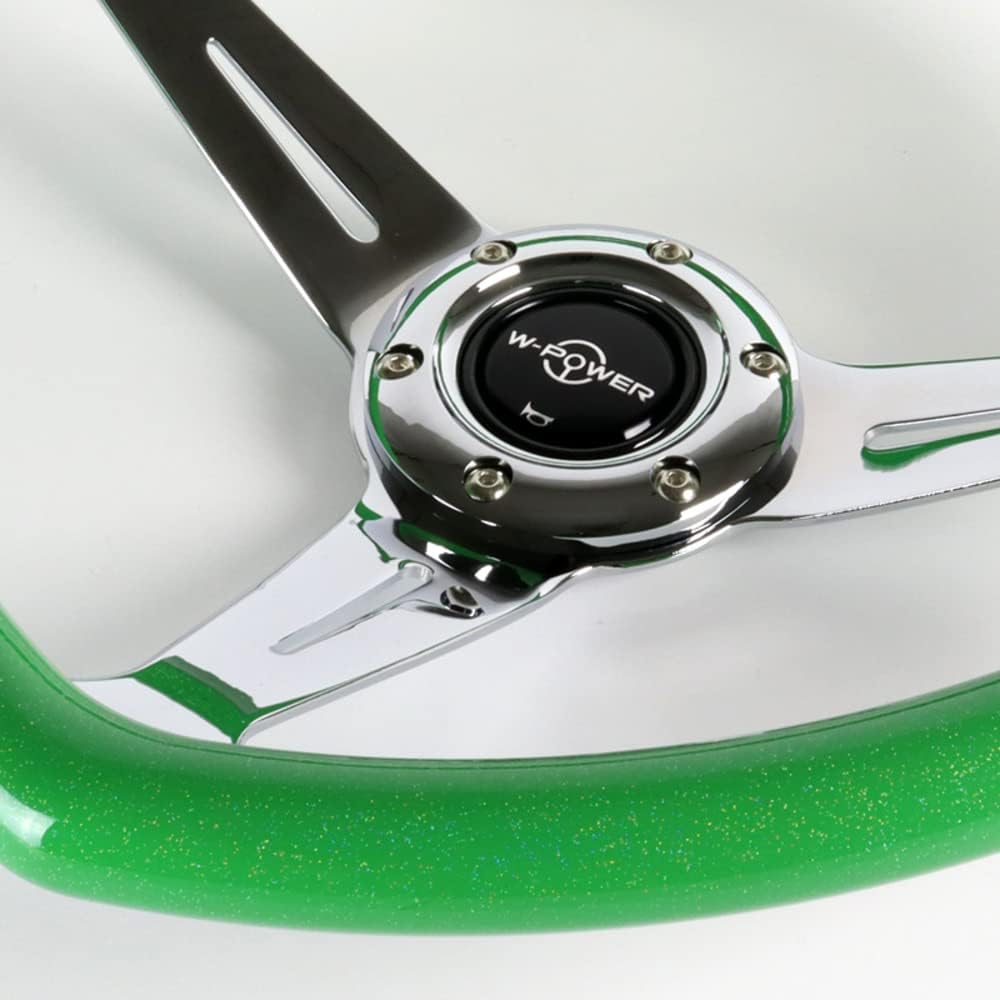 W-Power,13.5' Universal 343mm 6 Bolt Hole 3-Inche Deep Dish Aluminum Polished Heart-Shaped with Wood Grip Steering Wheel, Black Horn Button JDM Euro VIP Style, 3-Spoke (Green)