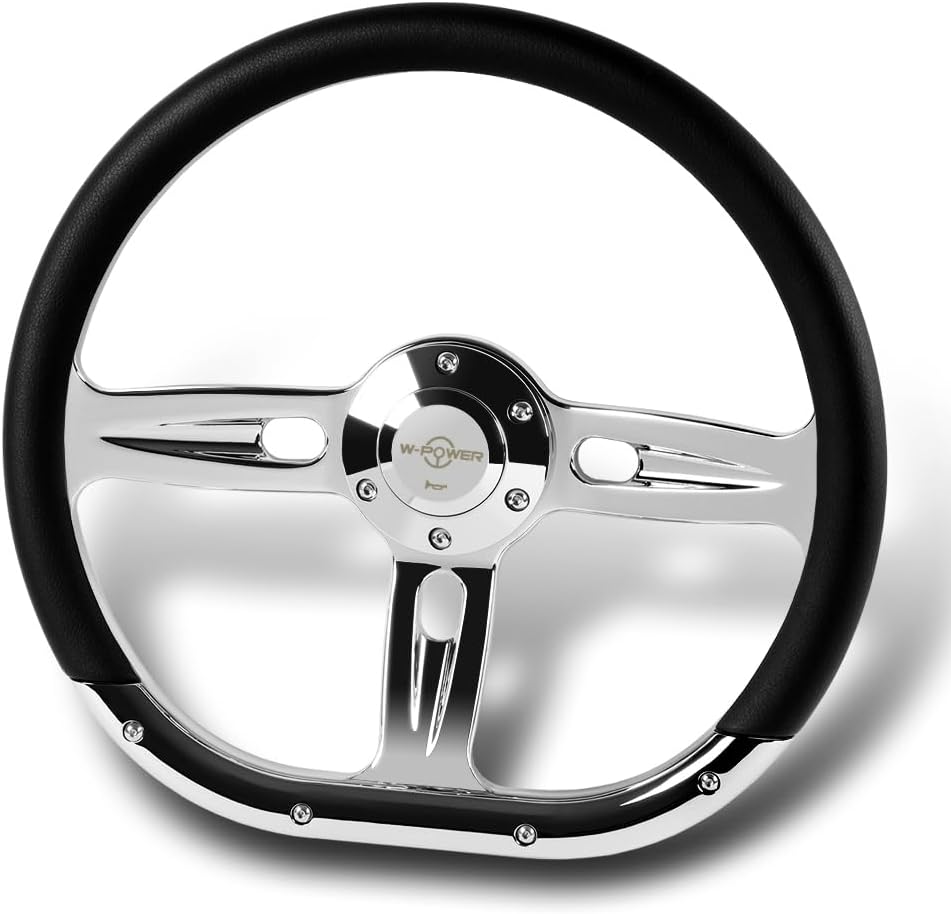 W-Power, 14' Universal 350mm 6 Bolt Hole Aluminum Polished Vinyl Wrap Leather Trim Steering Wheel, Chrome Horn Button JDM Euro VIP Style, 2' Deep (Black Vinyl Wrap Leather)