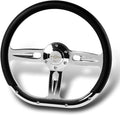 W-Power, 14' Universal 350mm 6 Bolt Hole Aluminum Polished Vinyl Wrap Leather Trim Steering Wheel, Chrome Horn Button JDM Euro VIP Style, 2' Deep (Black Vinyl Wrap Leather)