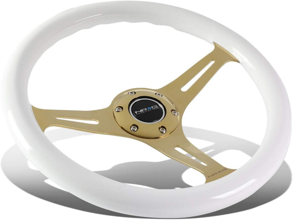 Auto Dynasty NRG Innovations ST-015CG-WT 350mm Chrome Gold Spokes White Wood Grain Grip Steering Wheel