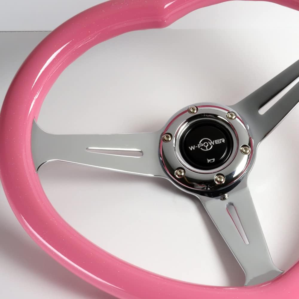 W-Power,13.5' Universal 343mm 6 Bolt Hole 3-Inche Deep Dish Aluminum Polished Heart-Shaped with Wood Grip Steering Wheel, Black Horn Button JDM Euro VIP Style, 3-Spoke (Pink)