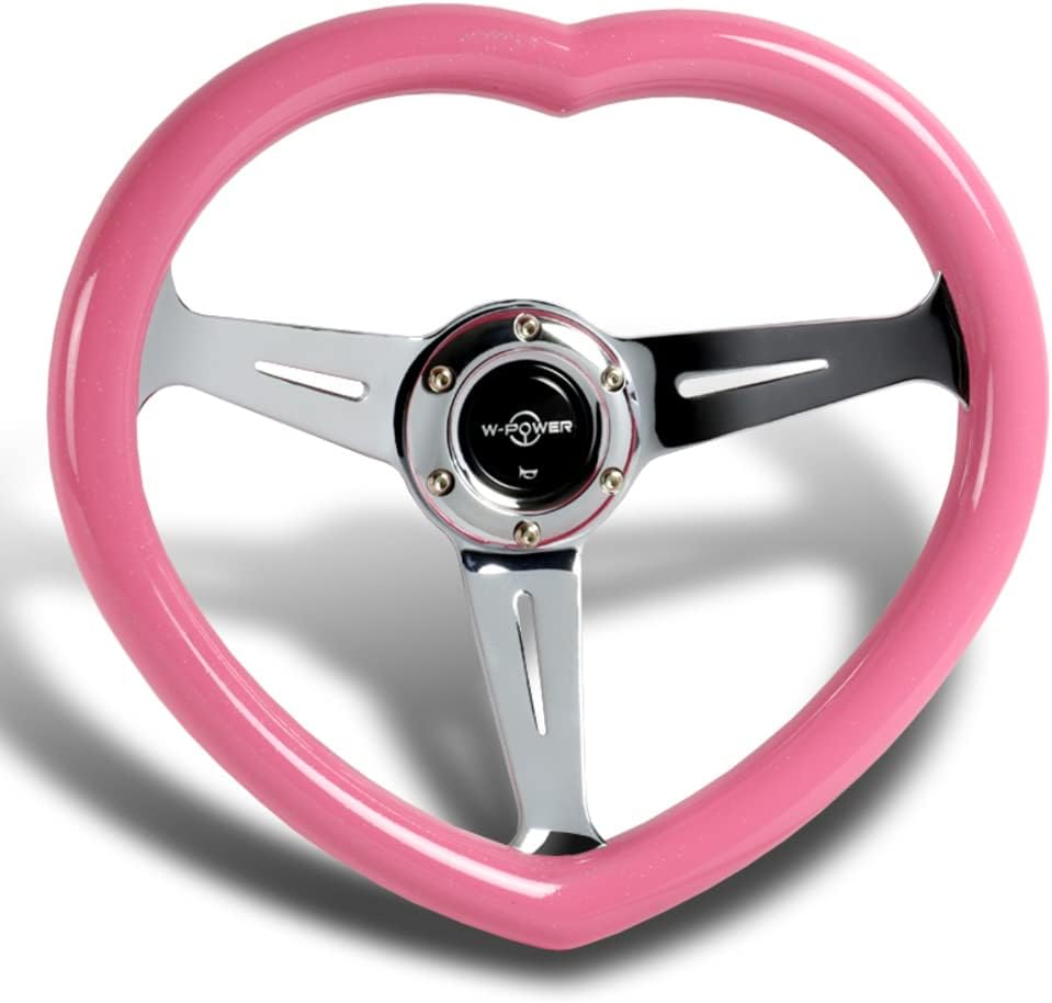 W-Power,13.5' Universal 343mm 6 Bolt Hole 3-Inche Deep Dish Aluminum Polished Heart-Shaped with Wood Grip Steering Wheel, Black Horn Button JDM Euro VIP Style, 3-Spoke (Pink)
