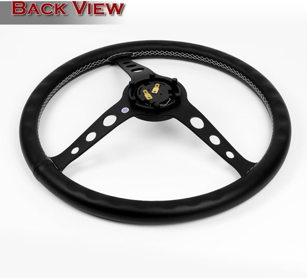 W-Power 15' Reinforced Aluminum Steering Wheel - 380mm 6 Bolt Hole, Black Leather White Stitch, Matt Black Spoke, 3' Deep With Horn Button, JDM Euro VIP Style