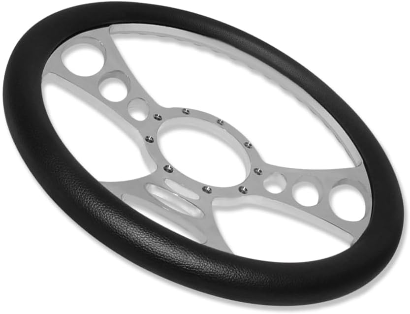 Chrome 14' Billet Aluminum 9 Holes Steering Wheel Cruisin Style with Black Leather Half Wrap & Smooth Horn Button & Adapter