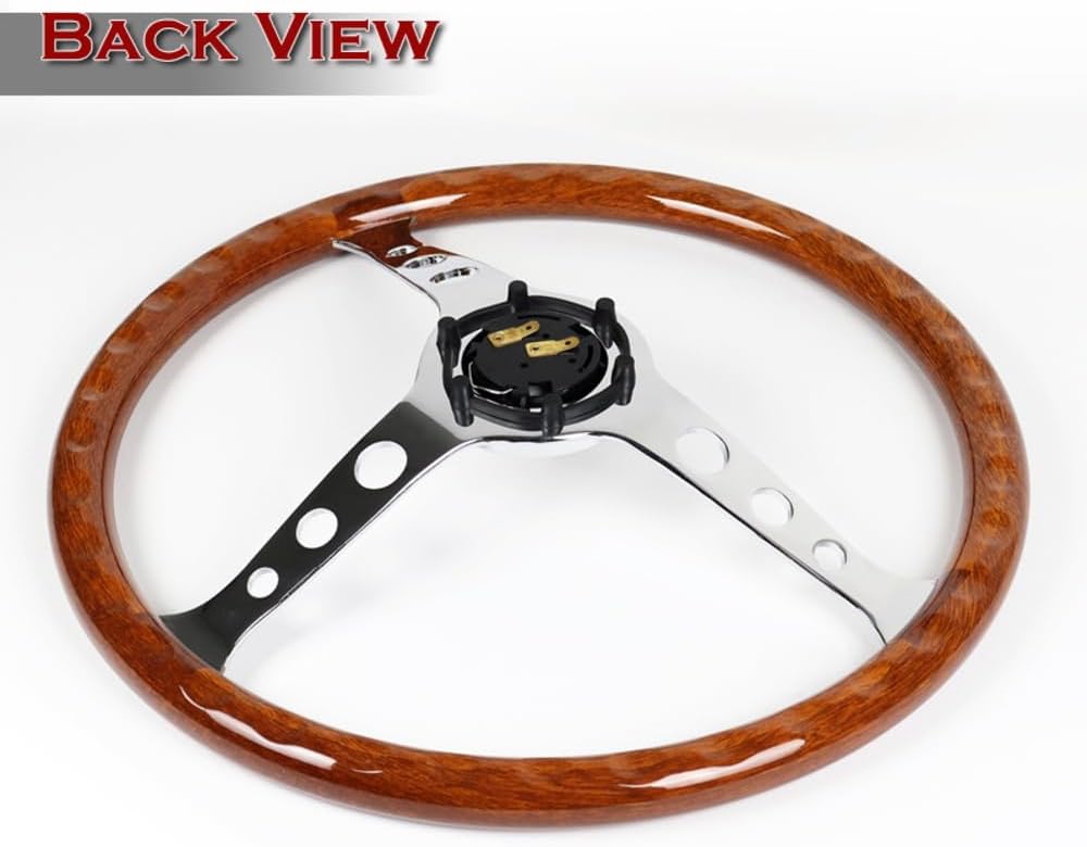 W-Power, 15' Reinforced 380mm 6 Bolt Hole Aluminum Finised Brown Wood Grain Trim Steering Wheel, Chrome Horn Button JDM Euro VIP Style, 3' Deep (Brown Wood Grain/Chrome Spoke)