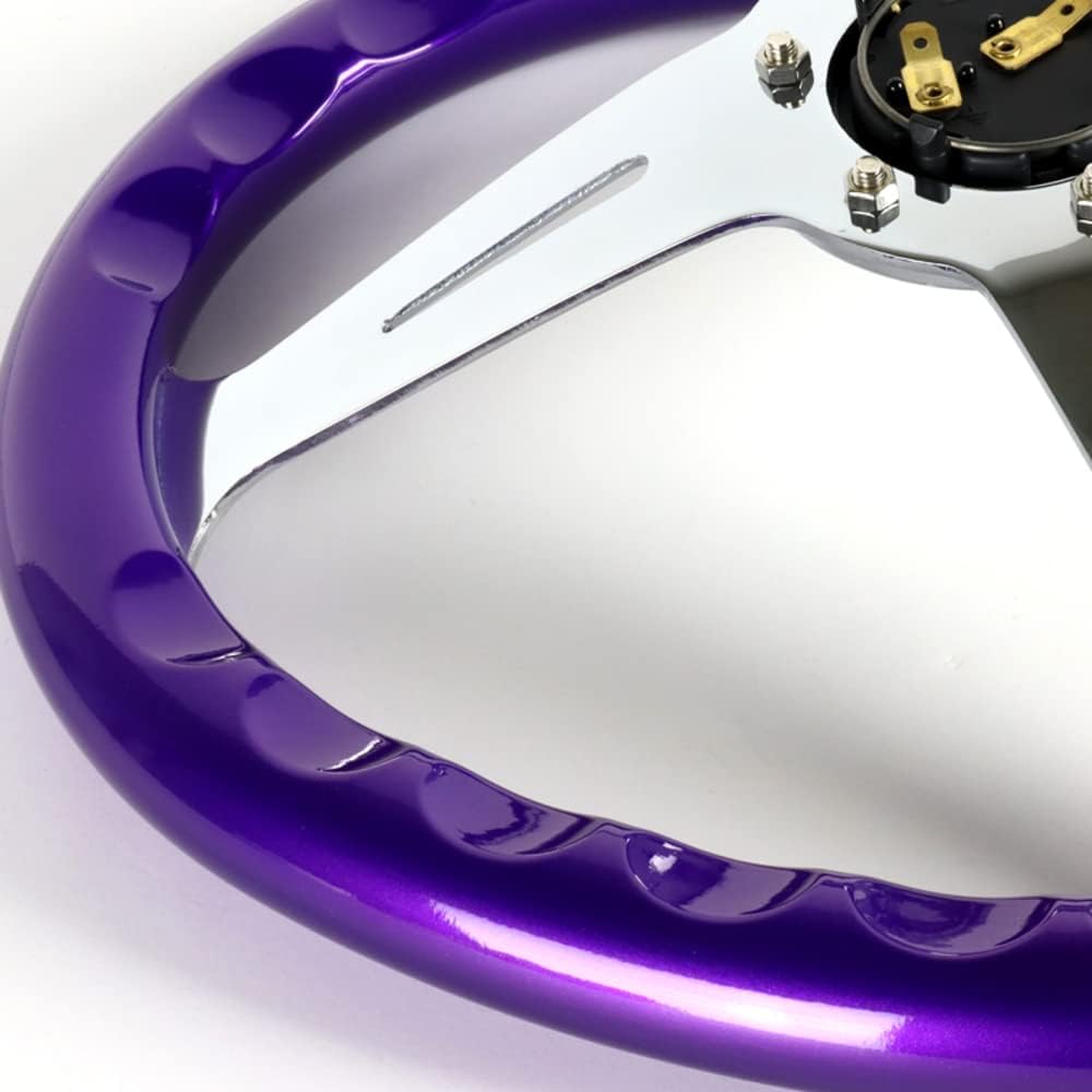 W-Power,13.5' Universal 343mm 6 Bolt Hole 3-Inche Deep Dish Aluminum Polished Heart-Shaped with Wood Grip Steering Wheel, Black Horn Button JDM Euro VIP Style, 3-Spoke (Purple)