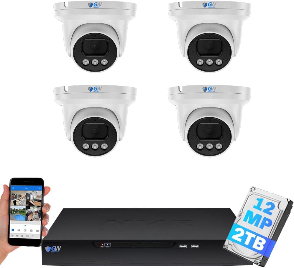 GW Security 8 Channel NVR UltraHD 12MP 4K @30FPS Face/Human/Vehicle Detection PoE Security Camera System with 4 x 12MP IP Microphone Smart AI Dome Cameras, Color Night Vision, Outdoor/Indoor Camera