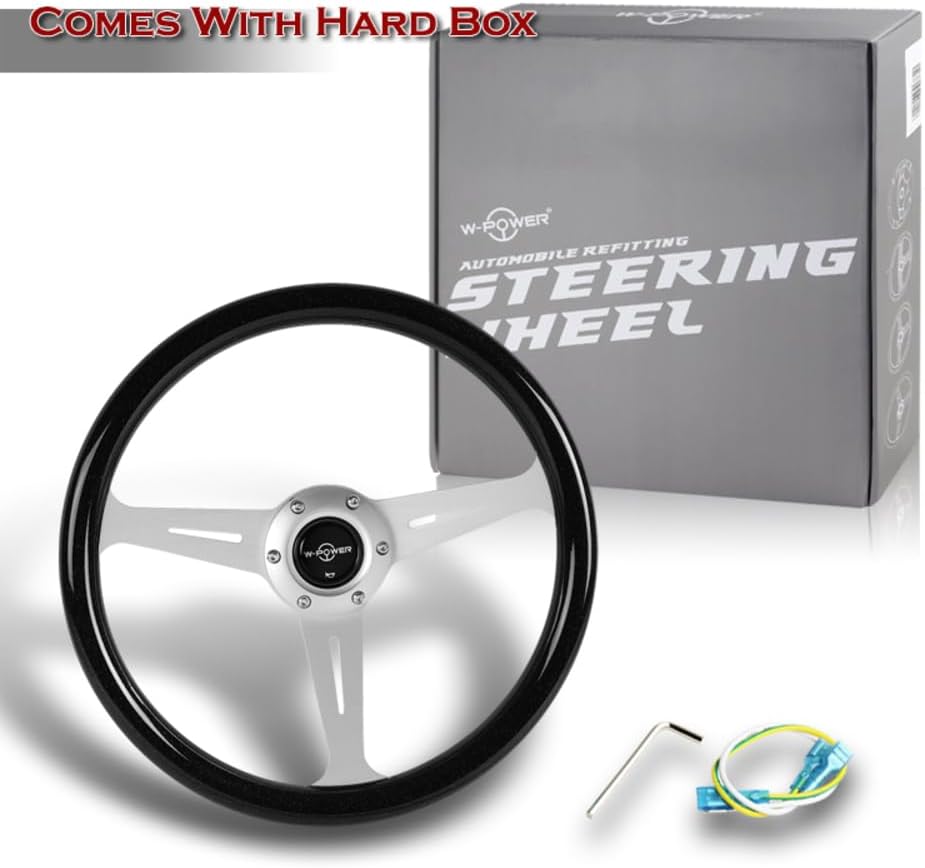 W-Power, 14' Universal 350mm 6 Bolt Hole Aluminum Polished 'Galaxy' Wood Grain Trim Steering Wheel, 3-Spoke, Black Horn Button JDM VIP Style (Black Sparkled Wood Grip - Silver Center)