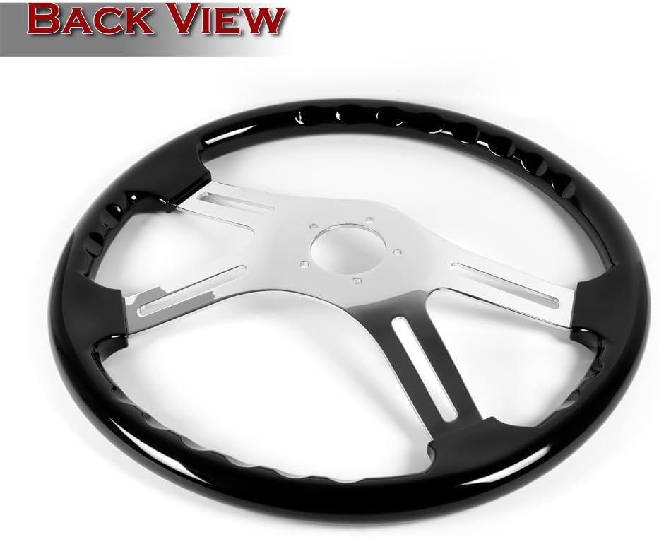 W-Power, 18' Universal 457mm 5 Bolt Hole 2 Inches Deep with Aluminum Polished Vintage Style Wood Grip Steering Wheel, Chrome Horn Button, 4 Spoke (Black Wood Grip/Chrome Spoke)
