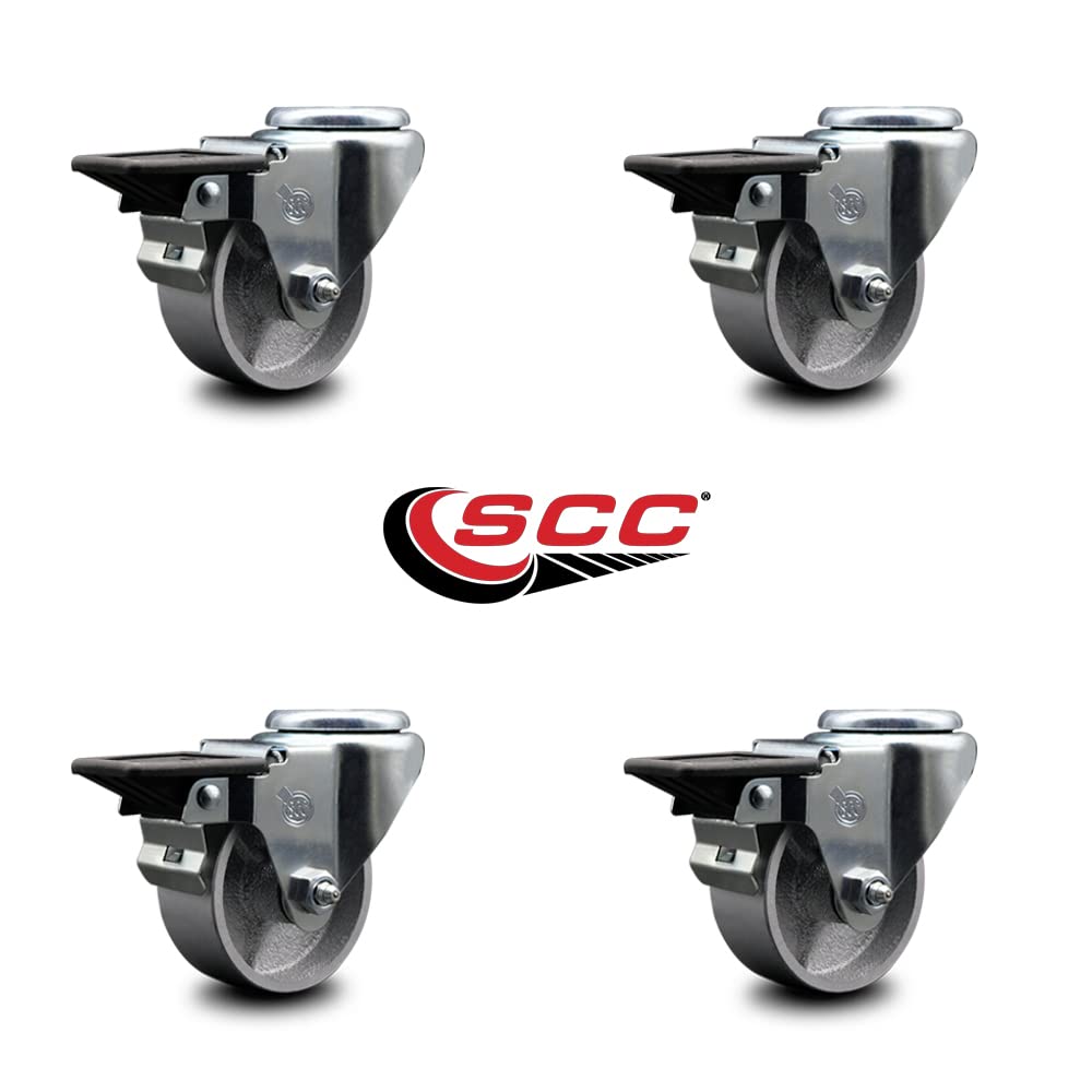Semi Steel Cast Iron Swivel Bolt Hole Caster Set of 4 w/3' x 1.25' Silver Wheels - Includes 4 Swivel with Posi Lock Brakes - 1200 lbs Total Capacity - Service Caster Brand