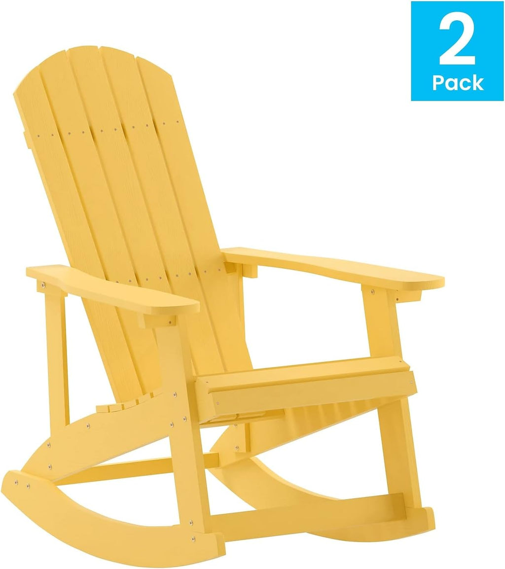 Flash Furniture Savannah Poly Resin Wood Adirondack Rocking Chair - All Weather Yellow Polystyrene - Stainless Steel Hardware - Set of 2