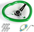 W-Power,13.5' Universal 343mm 6 Bolt Hole 3-Inche Deep Dish Aluminum Polished Heart-Shaped with Wood Grip Steering Wheel, Black Horn Button JDM Euro VIP Style, 3-Spoke (Green)