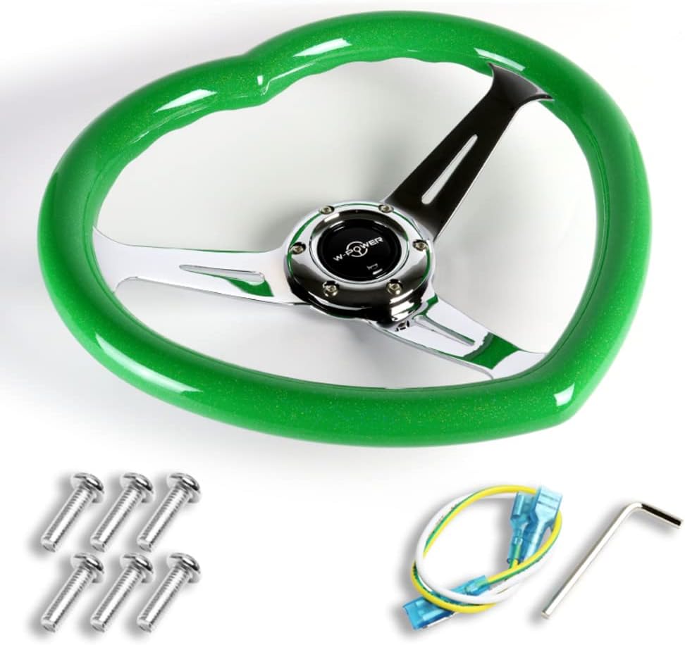 W-Power,13.5' Universal 343mm 6 Bolt Hole 3-Inche Deep Dish Aluminum Polished Heart-Shaped with Wood Grip Steering Wheel, Black Horn Button JDM Euro VIP Style, 3-Spoke (Green)