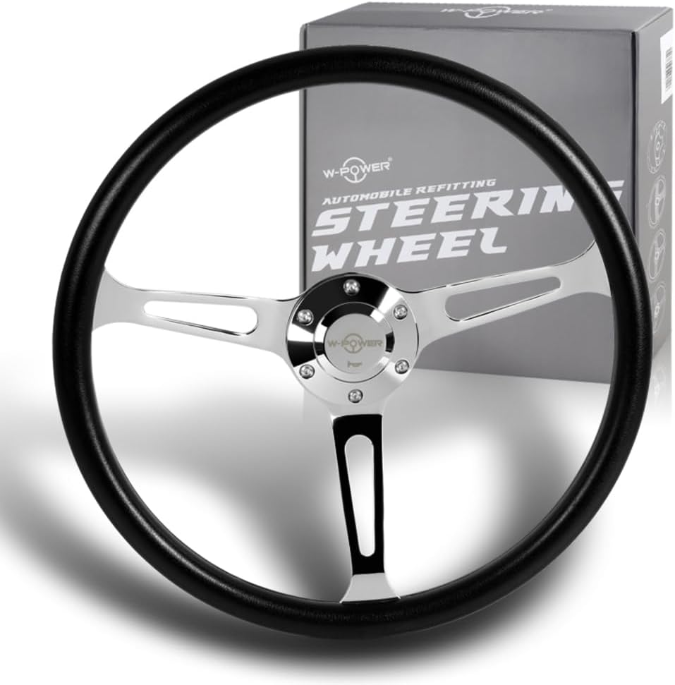 W-Power, 15' Reinforced 380mm 6 Bolt Hole Aluminum Finised Black Vinyl Wrap Trim Steering Wheel, Chrome Horn Button JDM Euro VIP Style, 3' Deep (Black Vinyl Wrap/Chrome Spoke)