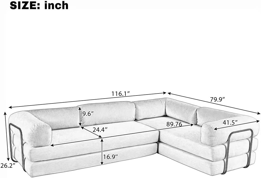 Merax L-Shaped Modular Sofa Bed in Corduroy Fabric, Convertible Sleeper Sofa Bed, 4 Seat Floor Couch for Living Rooms and Apartments, No Assembly Required, Beige