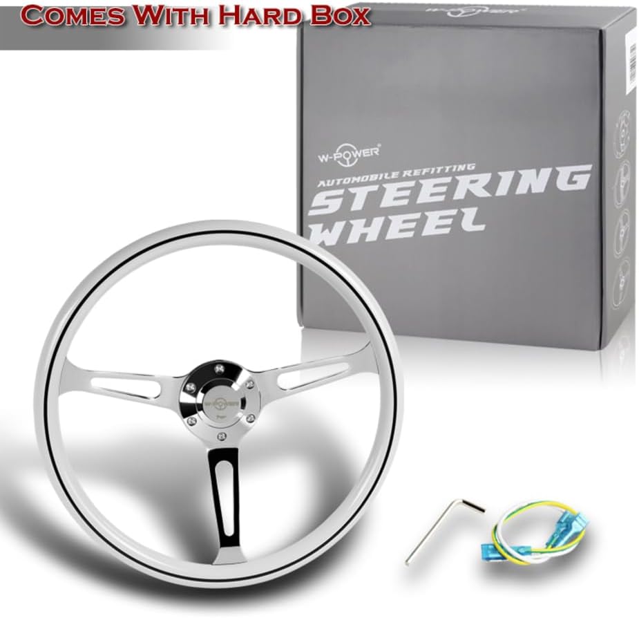 W-Power, 15' Reinforced 380mm 6 Bolt Hole Aluminum Finised White Wood Grain Trim Steering Wheel, Chrome Horn Button JDM Euro VIP Style, 3' Deep (White Wood Grain/Chrome Spoke)