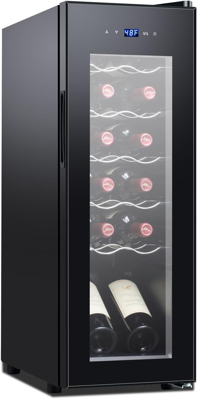 12 Bottle Black Wine Fridge,Freestanding Stainless Steel Small Wine Cooler For Red&White Wine,Wine Cooler Refrigerator 41°-64°F Digital Temperature Control Glass Door For Bar,Home Black