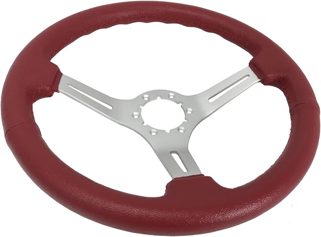 VSW S6 Steering Wheel, Red Leather 6 Bolt Brushed Slotted 3-Spoke ST3014RED