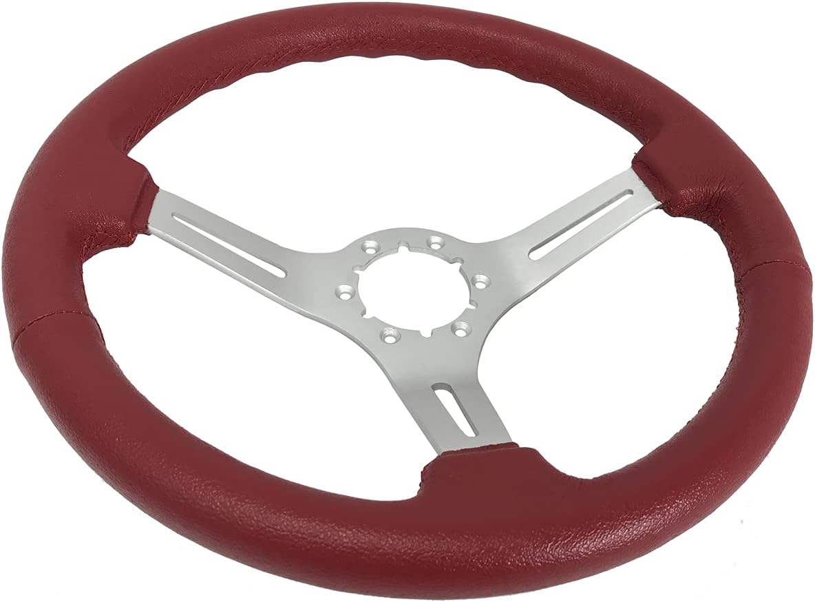 VSW S6 Steering Wheel, Red Leather 6 Bolt Brushed Slotted 3-Spoke ST3014RED