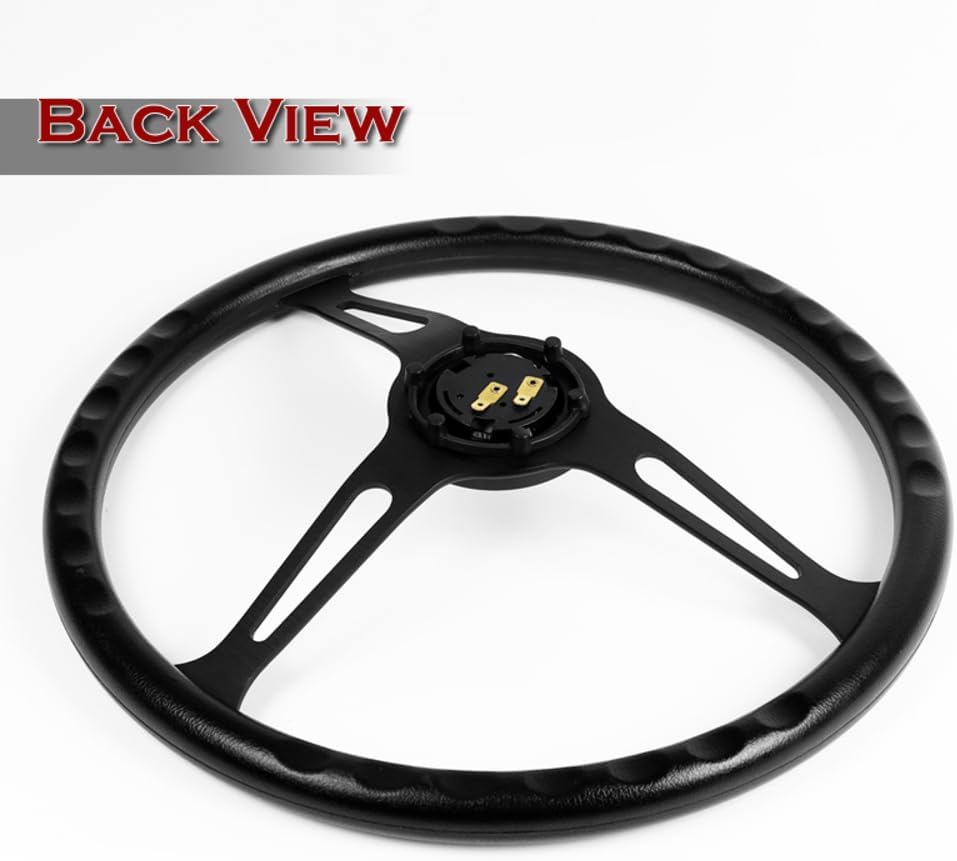 W-Power, 15' Reinforced 380mm 6 Bolt Hole Aluminum Finised Black Vinyl Wrap Trim Steering Wheel, Black Horn Button JDM Euro VIP Style, 3' Deep (Black Vinyl Wrap/Matt Black Spoke)