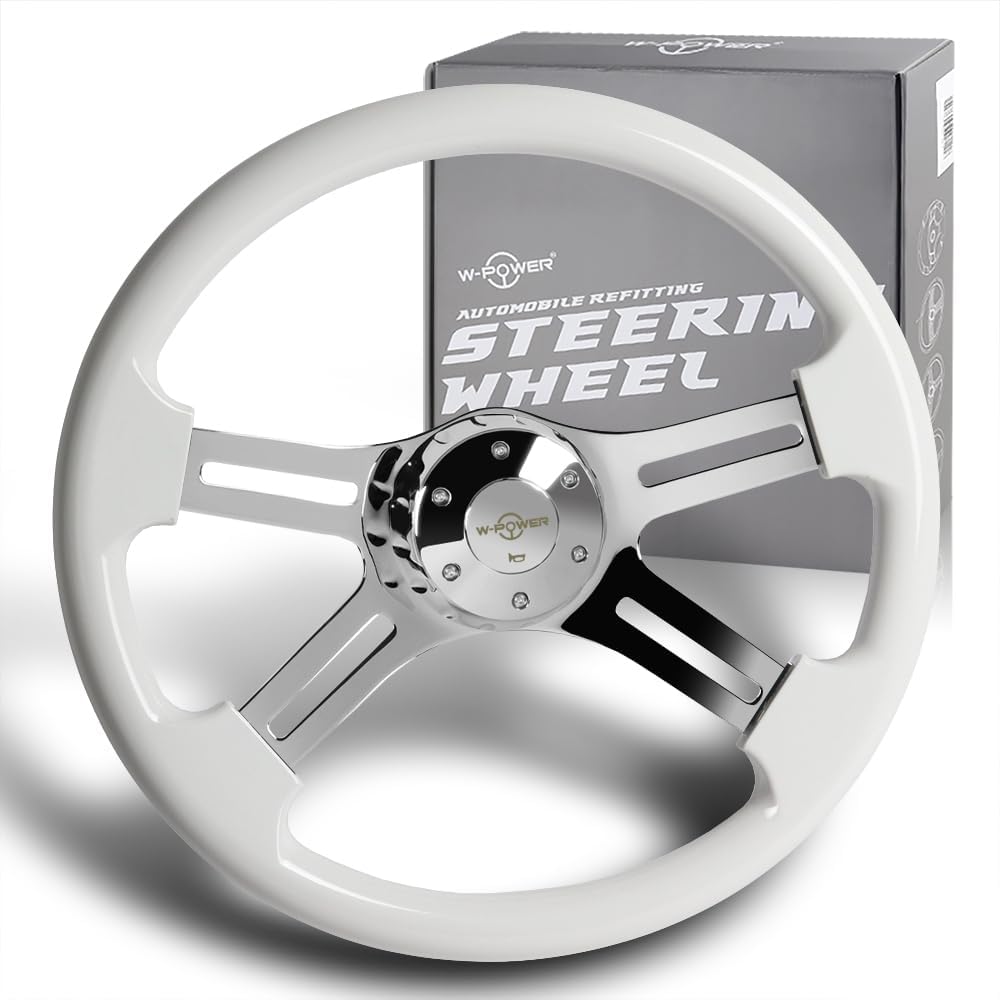 W-Power, 18' Universal 457mm 5 Bolt Hole 2 Inches Deep with Aluminum Polished Vintage Style Wood Grip Steering Wheel, Chrome Horn Button, 4 Spoke (White Wood Grip/Chrome Spoke)