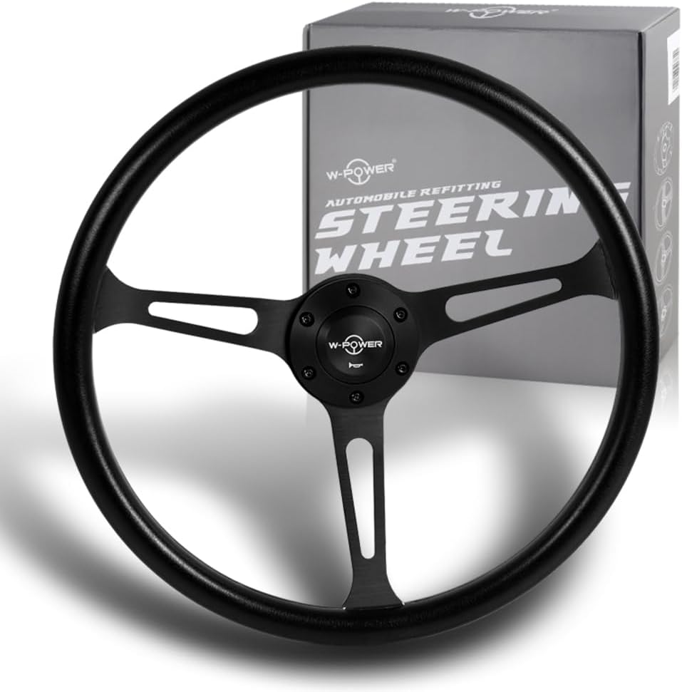 W-Power, 15' Reinforced 380mm 6 Bolt Hole Aluminum Finised Black Vinyl Wrap Trim Steering Wheel, Black Horn Button JDM Euro VIP Style, 3' Deep (Black Vinyl Wrap/Matt Black Spoke)