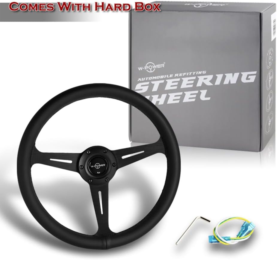 W-Power, 14' Universal 350mm 6 Bolt Hole Aluminum Polished 'Galaxy' Wood Grain Trim Steering Wheel, 3-Spoke, Black Horn Button JDM VIP Style (Black Leather Grip - Black Center)