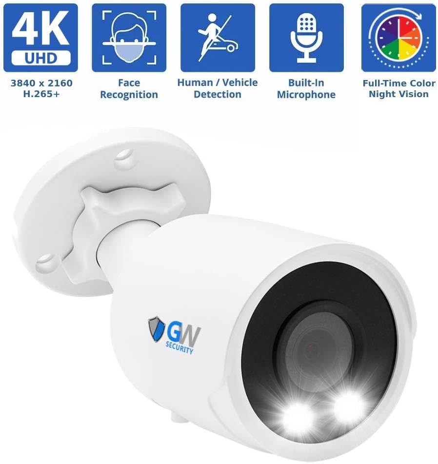 GW 4K Outdoor Indoor Face Recognition/Human/Vehicle Detection Business Security Camera System, 64 Channel Commercial 12MP NVR, 48 x 4K Smart AI IP Microphone Bullet Camera, 24TB Pre-Installed HDD