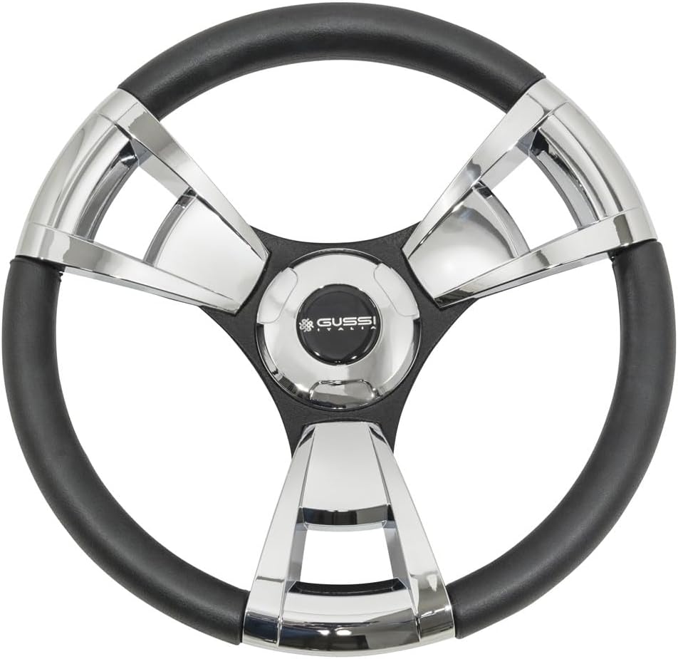 Gussi Italia Model 13 Chrome/Black Premium Italian-Made Steering Wheel for Golf Carts - No Hub Adapter Needed (EZGO TXT/RXV Models)
