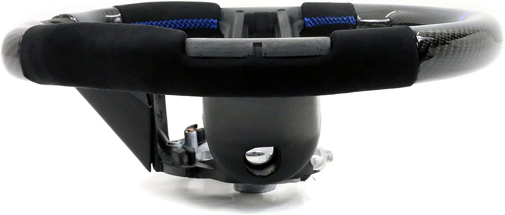 IKON MOTORSPORTS, Steering Wheel Compatible with 2010-2014 Ford Mustang, Steering Wheel Bodykit Replacement Carbon Fiber & Synthetic Suede Blue Stitch & Indicator, 2011 2012 2013