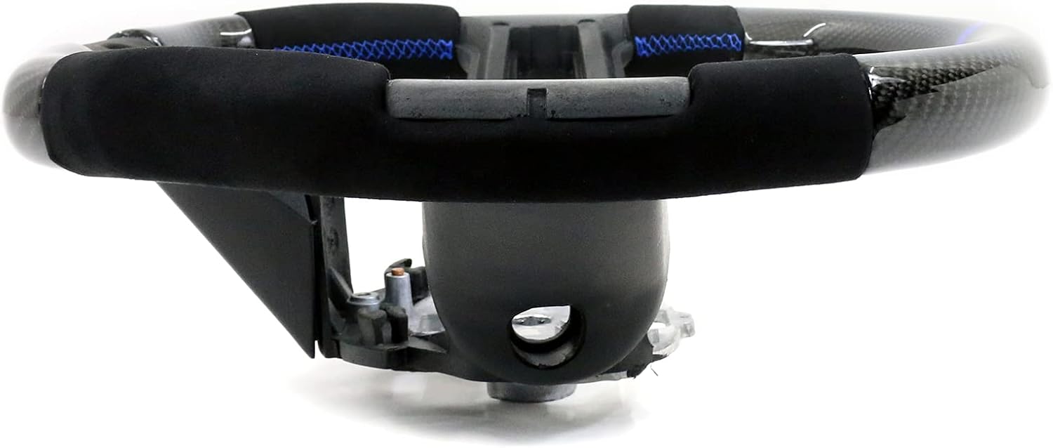 IKON MOTORSPORTS, Steering Wheel Compatible with 2010-2014 Ford Mustang, Steering Wheel Bodykit Replacement Carbon Fiber & Synthetic Suede Blue Stitch & Indicator, 2011 2012 2013