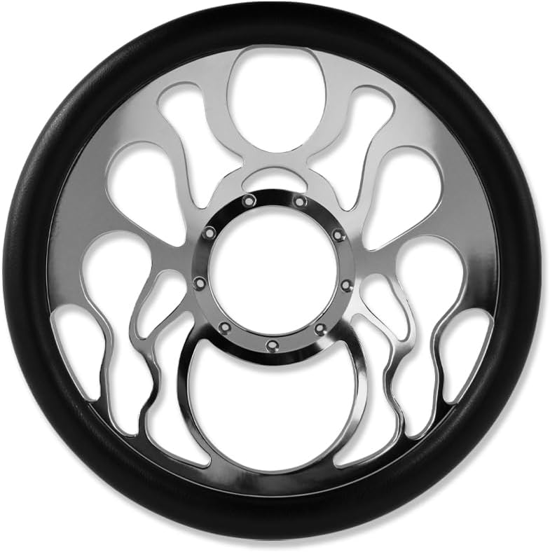 Chrome 14' Billet Aluminum 9 Holes Steering Wheel Flamed Style with Black Leather Half Wrap & Smooth Horn Button & Adapter