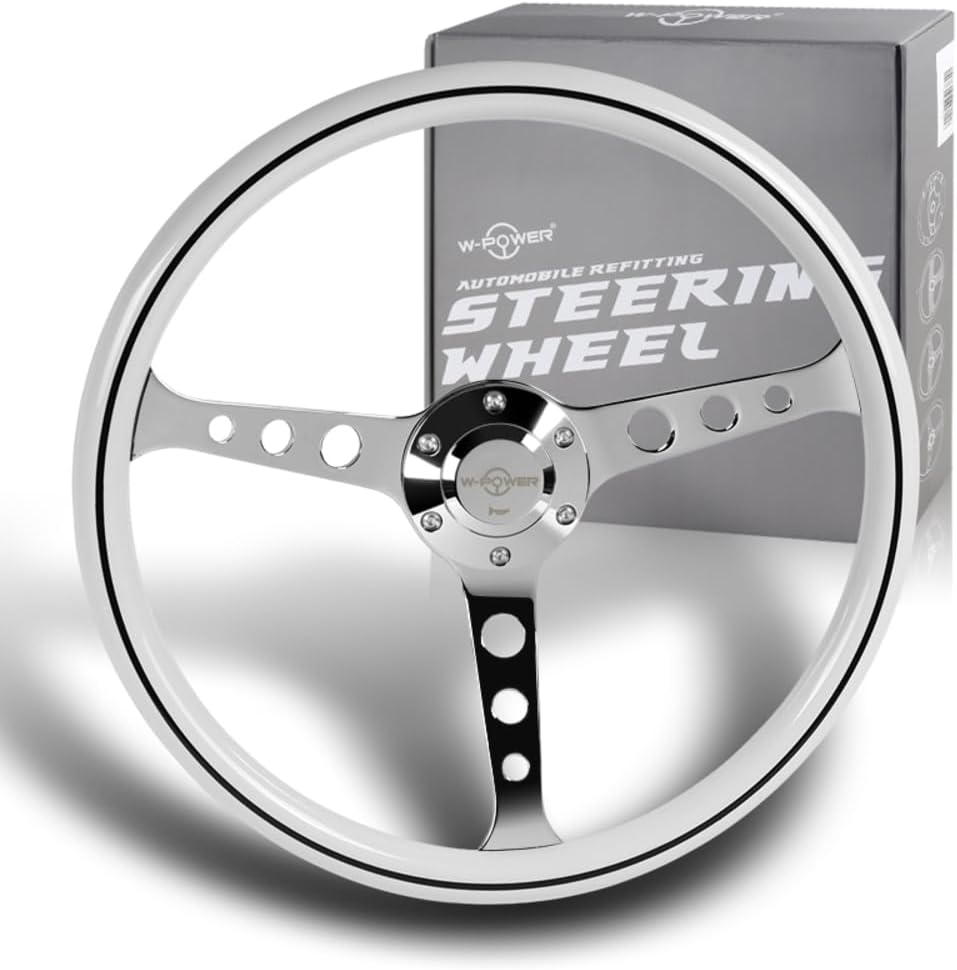 W-Power, 15' Reinforced 380mm 6 Bolt Hole Aluminum Finised White Wood Grain Trim Steering Wheel, Chrome Horn Button JDM Euro VIP Style, 3' Deep (White Wood Grain/Chrome Spoke)