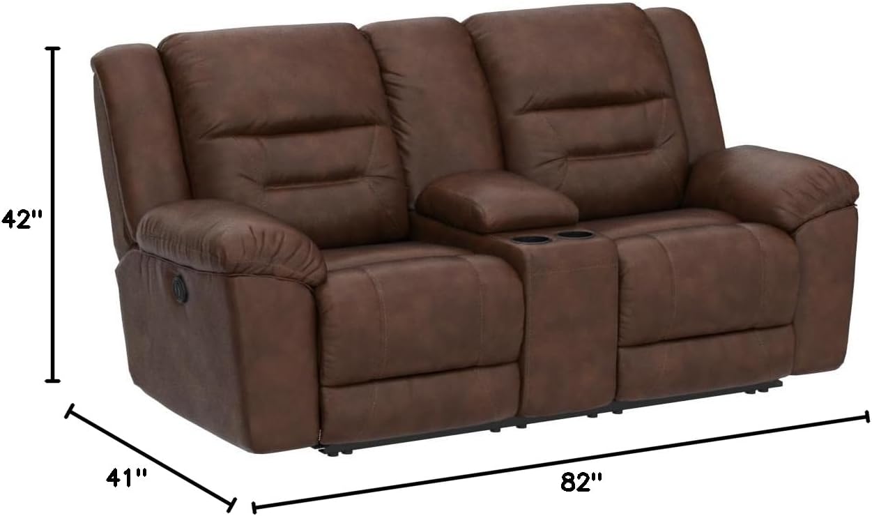 Signature Design by Ashley Stoneland Faux Leather Power Double Reclining Loveseat with Center Console, Dark Brown