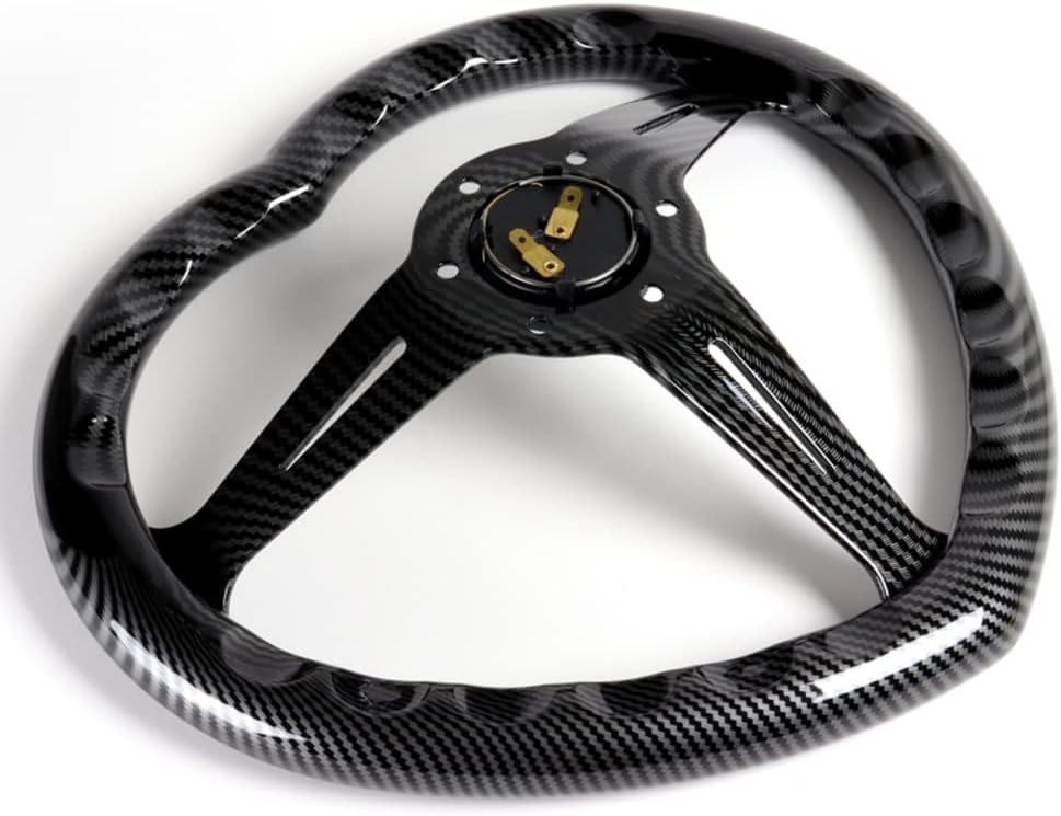 W-Power,13.5' Universal 343mm 6 Bolt Hole 3-Inche Deep Dish Aluminum Polished Heart-Shaped with Wood Grip Steering Wheel, Black Horn Button JDM Euro VIP Style, 3-Spoke (Carbon Black)
