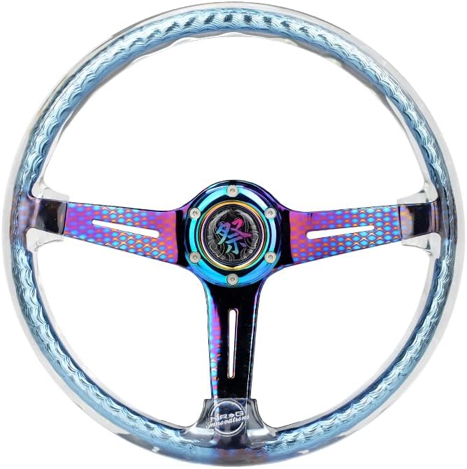 NRG Innovations NRG-RST-027GM-CL Reinforced Steering Wheel 350mm 2' Deep Dish Clear Acrylic Steering Wheel in Clear and Geometric NeoChrome Spoke Finish with Slits.