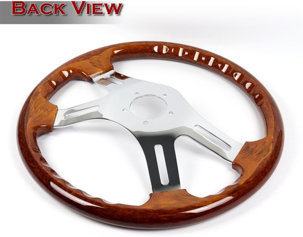 W-Power, 16' Universal 406mm 5 Bolt Hole 2 Inches Deep with Aluminum Polished Vintage Style Wood Grip Steering Wheel, Chrome Horn Button (Dark Wood Grip/Chrome Spokes)