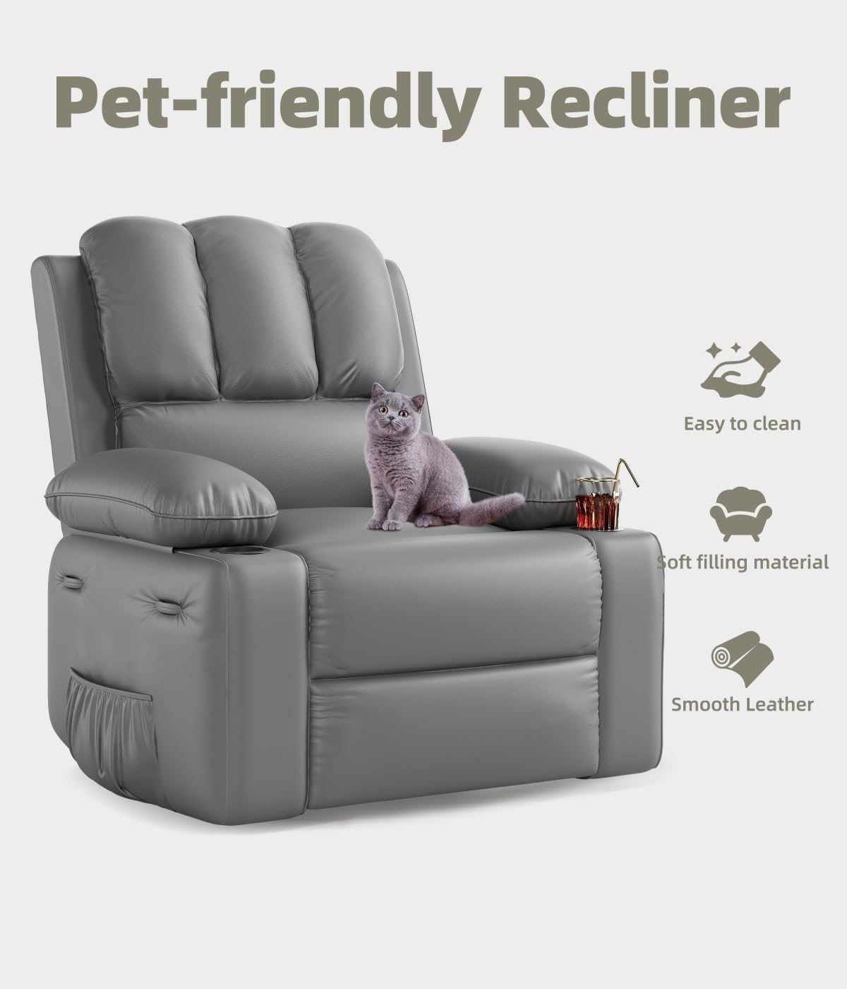 GarveeHome Recliner Chair, 360° Swivel Rocker Recliners with Heat & Massage, Soft Lazy Boy Recliner Chair with 2 Cup Holders and Side Pocket for Living Room Bedrooms and Nurseries -Grey