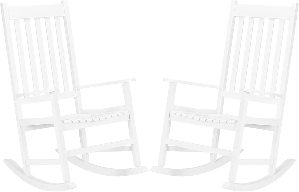 VINGLI 2PCS Wood Rocking Chairs Relaxing Rocker Real Wood High Back Seat for Deck, Garden, Backyard, Porch, Indoor or Outdoor Use, White