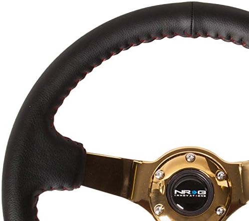 NRG Innovations NRG-RST-036CG Reinforced Steering Wheel (3' Deep, 4mm) 350mm Sport Wheel, Black Leather, Red Baseball Stitch, Gold Spoke