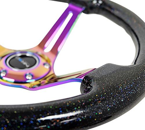 NRG Innovations NRG-RST-018BSB-MC Reinforced Classic Wood Grain Steering Wheel, 350mm, 75mm Deep, 3 Spoke Slotted Center Neochrome With Black Multi Color Flake Wood Double Riveted Spokes